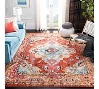 SAFAVIEH Tapis Boho pour Salon, Salle à Manger, Chambre à Coucher - Monaco Collection, Tapis à Poil Court, Orange et Bleu Clair, 152 x 152 cm