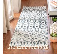 Safavieh Tapis de Couloir marocain Shaggy tissé à Franges berbères BFG519 pour Salon, Chambre à Coucher ou Tout Espace intérieur Crème/Bleu 66 x 244 cm