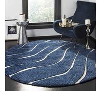 Safavieh Tapis Shag pour Salon, Salle à Manger, Chambre à Coucher - Florida Shag Collection, Tapis à Poil Long, Bleu foncé et crème, 122 X 122 cm