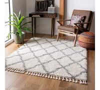 SAFAVIEH Tapis Shaggy pour Salon, Salle à Manger, Chambre à Coucher - Collection Marocaine à Pompons - Poils Courts - Ivoire et Gris Clair - 160 x 229 cm