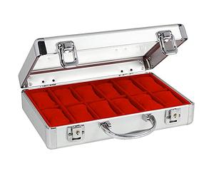 SAFE 265 ALU Boîte de rangement pour 12 montres | Porte-bijoux en velours rouge | boîte de montre verrouillable avec couvercle en verre et coussin de montre amovible