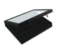 SAFE 5677 Vitrine pour collection avec couvercle en verre véritable | surface de la structure en lin noir mat | Étui pour jusqu'à 45 figurines Lego, minéraux ou bijoux | 40 x 30 x 5,5 cm