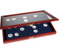 SAFE 5869 Coffret en bois véritable pour 35 pièces de 32,5 mm Ø | Vitrine pour pièces en euros de 26 mm | Doublure en velours bleu royal | 375x260x30mm