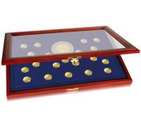 Safe 5879 vitrine en Bois véritable pour pièces 20 x 33 mm Ø, Exemple 10 Ans UEM 2 pièces Euro en Capsules | intérieur Velours Bleu Royal | 375 x 260 x 30 mm