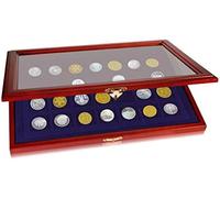 SAFE 5904 Vitrine en bois avec 28 compartiments pour pièces de monnaie jusqu'à 40 mm | Intérieur velours bleu royal | 375 x 260 x 30 mm