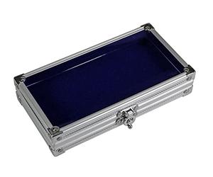SAFE Vitrine en Aluminium pour pin’s et minéraux | Boîtier compact avec couvercle transparent et insert amovible en velours bleu.