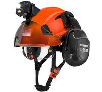 SAFEBUILDER Casque de sécurité avec lampe de phare - Casque de sécurité avec visière ventilée - Cache-oreilles réglables ANSI Z89.1 (Orange+CSV+B07E+SHL01)