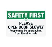 Safety First Please Open Door Slowly People May Be Approaching From The Other Side Panneau d'avertissement en métal pour la maison et le travail Décoration murale de sécurité 30,5 x 20,3 cm