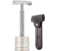 Safety/Safety-Double Blade Butterfly Opening Razor - Men Long Handle Chrome Razor Handle (1 Razor, 1 H3 Razor Holder And 1pc Genuine Leather Case)