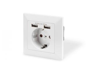 Safety Wall Outlet, 2x USB, USB output total: 5V 2.1A, Input: AC 250V 50Hz, RAL 9003