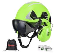 Safeyear Casque de Sécurité EN397 avec Visière et Cache-Oreilles, Casque Protection ABS avec Lunette UV, Casque de Chantier Réglable 53-64cm pour Industrie, logistique de Stockage, Forestier