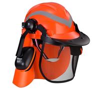 SAFEYEAR Casque Professionnel de Scie à Chaîne Forestière 27SNR - Oreillettes Réglables, Masque en Maille et Tissu de Cou - M-5009OR EN397 pour Jardinage, Tronçonneuse et Foresterie