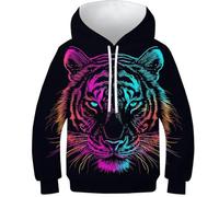 SAFGTXHTR Sweat À Capuche avec Imprimé Amusant 3D Tigre Fou Roi des bêtes Pull À Manches Longues pour Garçon Et Filles À Capuche Enfants Poches À Cordon Âge : 6-15 Ans