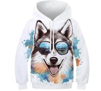 SAFGTXHTR Sweat-Shirt À Capuche Enfants avec Imprimé Amusant 3D Husky Pull À Manches Longues pour Garçon Et Filles À Capuche Enfants avec Poche Âge : 6-15 Ans