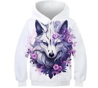 SAFGTXHTR Sweat-Shirt À Capuche Enfants avec Imprimé Amusant 3D Loup 3D Blanc Violet Pull À Manches Longues pour Garçon Et Filles À Capuche Enfants Poches À Cordon Âge : 6-15 Ans