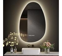 S'AFIELINA Miroir de Salle de Bain avec éclairage Asymétrique, 85x50cm Miroir de Salle de Bain avec éclairage avec Touche, antibuée, Horloge, Bluetooth, 3 Couleurs, variateur, température, IP44