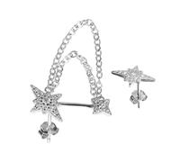 SAFIGLE Boucles D'oreilles à Pompons Et Clous En Cristal Argenté, Bijoux D’oreille Non Perforants, Femmes, Mariage Et Événement, Chaîne Asymétrique Octogramme, Confortables Et Élégantes