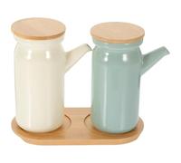 SAFIGLE Ensemble 2 Pièces Pot à Huile et Distributeur de Sauce en Céramique Blanc Cassé et Vert Clair, Récipient Ménager pour Vinaigre et Sauce Soja, la Cuisine Maison et Restaurant,
