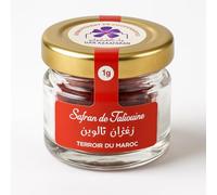 Safran 1g AOP Taliouine - Safran du Maroc Premium - Filaments Entiers Grade A - 100% Pur - Récolté à la Main - Épice Gastronomique - Pot en Verre