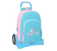 safta Benetton Unique Sac à dos scolaire avec chariot Evolution inclus, idéal pour les enfants de différents âges, confortable et polyvalent, qualité et résistance, Bleu turquoise/rose clair, M,