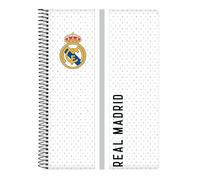 Safta Real Madrid 1ère équipe 24/25 Cahier avec couverture rigide, idéal pour les enfants de différents âges, confortable et polyvalent, 15,5 x 22 cm, blanc/gris