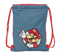 safta | Sac de sport plat junior Super Mario, Sac à dos scolaire enfant à cordons, Poche intérieure zippée, Fermeture de sécurité anti-étranglement, Dimensions 26x1x34 cm
