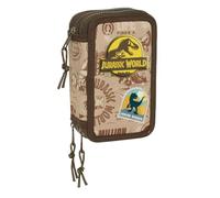 safta Jurassic World Trousse d'écolier 3 compartiments avec motif dinosaure T-Rex, Beige, marron, 19,5 x 12,5 x 5,5 cm