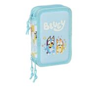 safta | Trousse Bluey Ready Triple, 37 pièces, pour Enfants avec 3 Compartiments zippé, Comprend 16 Crayons de Couleur, 14 feutres, Une règle et Un rapporteur, Dimensions : 12,5 x 5,5 x 19,5 cm
