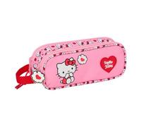 safta | Trousse Double Hello Kitty pour Enfants, avec Deux Compartiments, Fermeture éclair et poignée latérale. Motif Rose à cœurs et tirettes décoratives. Dimensions : 21 x 6 x 8 cm.