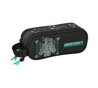 safta | Trousse Double Minecraft Screen, pour Enfants avec 2 Compartiments zippés, poignée latérale, Design Noir avec détails Vert d'eau, Dimensions : 21 x 6 x 8 cm