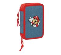 SAFTA | Trousse double Super Mario, 29 pièces, pour enfants avec 2 compartiments zippé, comprend des feutres, des crayons de couleur, un stylo bleu-rouge et un crayon à papier. Dimensions : 12,5 x 4 x