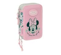 safta | Trousse Minnie Mouse Menthe Triple, 37 pièces, pour Enfants avec 3 Compartiments zippé, Comprend 16 Crayons de Couleur et 14 feutres, Dimensions : 12,5 x 5,5 x 19,5 cm