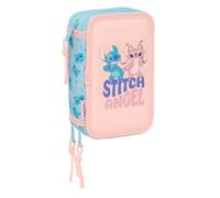 safta | Trousse Ohana Stitch Triple, 37 pièces, avec 3 Compartiments zippé, Comprend 16 Crayons de Couleur et 14 feutres, Dimensions : 12,5 x 5,5 x 19,5 cm
