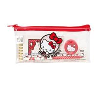 safta | Trousse rectangulaire Hello Kitty, Organiseur Scolaire Transparent en PVC avec Fermeture éclair, 22,5 x 10,5 cm, Comprenant Une règle de 15 cm, 2 Crayons, Un Taille-Crayon et Une Pochette