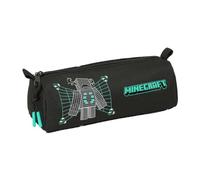 safta | Trousse rectangulaire Minecraft, Trousse Enfant avec 1 Compartiment zippé, poignée d'ouverture Facile, Design Noir avec détails Turquoise, idéale pour la rentrée, Dimensions : 21 x 7 x 8 cm