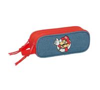 Safta | Trousse scolaire double Super Mario avec deux compartiments séparés et fermetures éclair, poignée latérale pour la rentrée scolaire, bleu et rouge, dimensions 21 x 6 x 8 cm