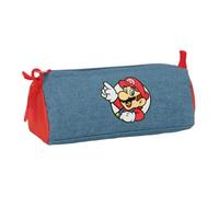 Safta | Trousse scolaire rectangulaire Super Mario avec 1 compartiment et fermeture éclair, organiseur pour crayons et marqueurs, bleu jean et rouge, dimensions 21 x 7 x 8 cm
