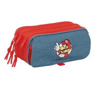 Safta | Trousse scolaire triple Big Super Mario avec 3 compartiments et fermetures éclair, poche frontale, dimensions 21,5 x 8 x 10 cm, trousse scolaire 3 compartiments