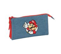 Safta | Trousse scolaire triple Super Mario avec 3 compartiments séparés et fermeture éclair, poche intérieure centrale avec fermeture éclair, rouge et bleu, dimensions 22 x 3 x 12 cm