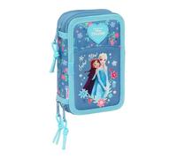 safta | Trousse Triple Disney La Reine des Neiges, 37 pièces, avec 3 Compartiments zippé, Comprend Crayons, stylos, 16 Crayons de Couleur, 14 feutres, Dimensions : 12,5 x 5,5 x 19,5 cm