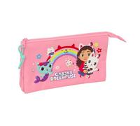 safta | Trousse Triple Gabby’s Dollhouse, pour Enfants avec 3 Compartiments zippés et Une Poche intérieure Centrale, Organiseur pour Crayons et feutres, Rose, Dimensions : 22 x 3 x 12 cm