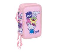 Safta | Trousse triple Hello Kitty & Friends 37 pièces, trousse scolaire pour enfant avec 3 compartiments et fermetures éclair, comprend 16 crayons de couleur, 14 marqueurs, dimensions 12,5 x 5,5 x