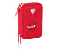 safta | Trousse Triple Sevilla FC, 36 pièces, avec 3 Compartiments zippé, Comprend des feutres, des Crayons de Couleur et Une règle. Dimensions : 12,5 x 5,5 x 19,5 cm
