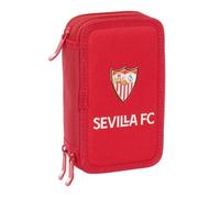 safta | Trousse Triple Sevilla FC, 37 pièces, résistante à l'eau, avec 3 Compartiments zippés, Comprend des feutres et des Crayons de Couleur, Dimensions : 12,5 x 5,5 x 19,5 cm