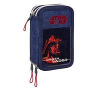 SAFTA Trousse triple Star Wars Dark Vador avec 3 compartiments et fermeture éclair, comprend 16 crayons, 14 marqueurs, règle et demi-cercle, dimensions 12,5 x 5,5 x 19,5 cm, Trousse triple Darth