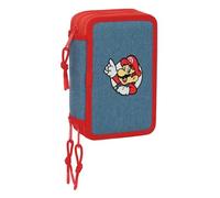 Safta | Trousse triple Super Mario 37 pièces, trousse scolaire avec 3 compartiments et fermetures éclair, comprend 16 crayons de couleur, dimensions 12,5 x 5,5 x 19,5 cm, trousse scolaire 3