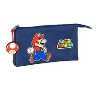safta | Trousse Triple Super Mario, Trousse Enfant avec 3 Compartiments zippés et Une Poche intérieure Centrale, idéale pour la rentrée Scolaire, poignée Champignon, Dimensions : 22 x 3 x 12 cm