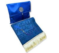 Safwa® Tapis de prière Islamique uni et Chapelet Tasbih Musulman avec Coffret Cadeau Pochette élégant Meilleur idée Cadeau Islamique Ramadan Aïd Hajj Umrah Mariage Gift, Sajada en Velours (Bleu)