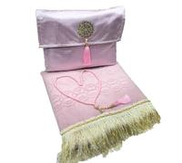 Safwa® Tapis de prière Islamique uni et Chapelet Tasbih Musulman avec Coffret Cadeau Pochette élégant Meilleur idée Cadeau Islamique Ramadan Aïd Hajj Umrah Mariage Gift, Sajada en Velours (Rose)