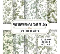 Sage Green Floral Toile De Jouy Scrapbook Paper: 20 Double-Sided Decorative Craft Paper Sheets with 10 Botanical & Vintage Designs for Mixed Media, Collage, Crafting, Origami & More | 8.5 x 8.5